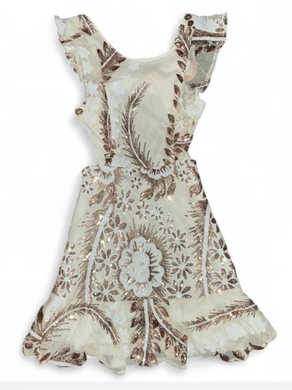 Ivory Mini Dress with Gold Sequin Floral Embroidery and Ruffle Hem